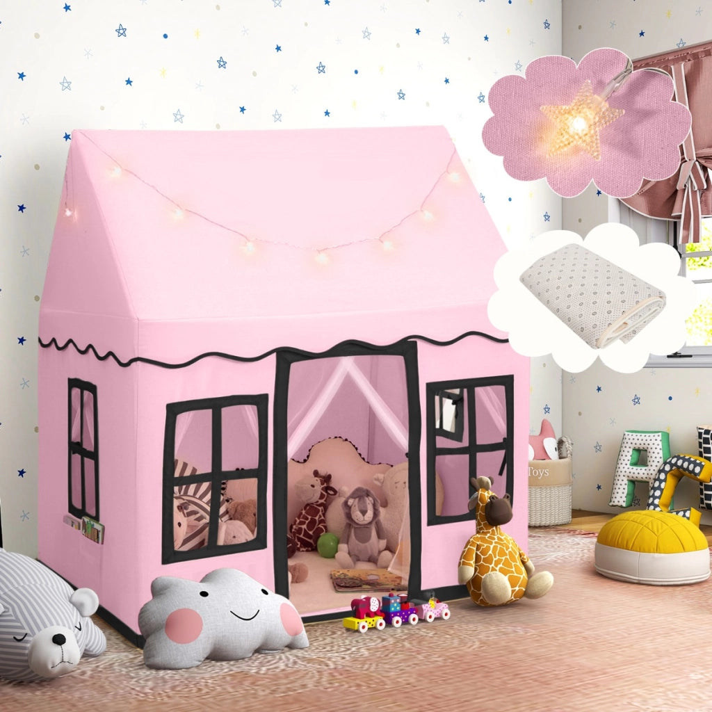 Tenda da gioco per bambini con luci a stella tappetino in velluto lavabile, Casetta per interni ed esterni Rosa-Tende e Casette per bambini