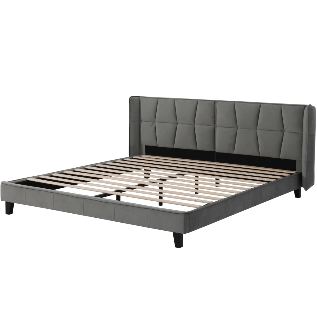 Letto imbottito 180x200 cm; testiera alta e rete in legno; velluto grigio