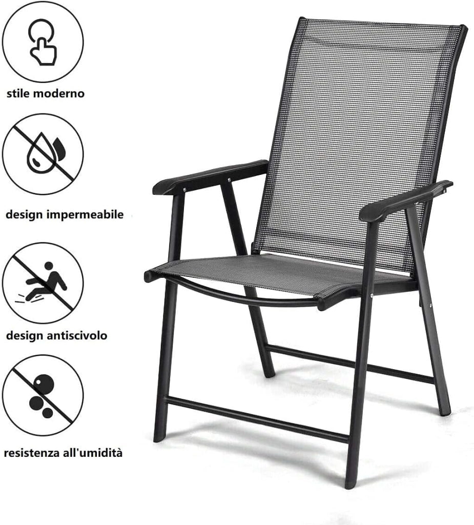 Set di 2 sedie da giardino, sedie pieghevoli con schienale alto e tessuto resistente alle intemperie, sedie da balcone con braccioli, sedie da patio, per giardino, patio, balcone, grigio