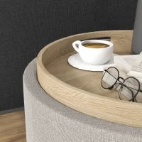 Sgabello Pouf imbottito, rivestito in Lino, con coperchio reversibile, 56cm x 56 cm x 42 cm, Grigio chiaro
