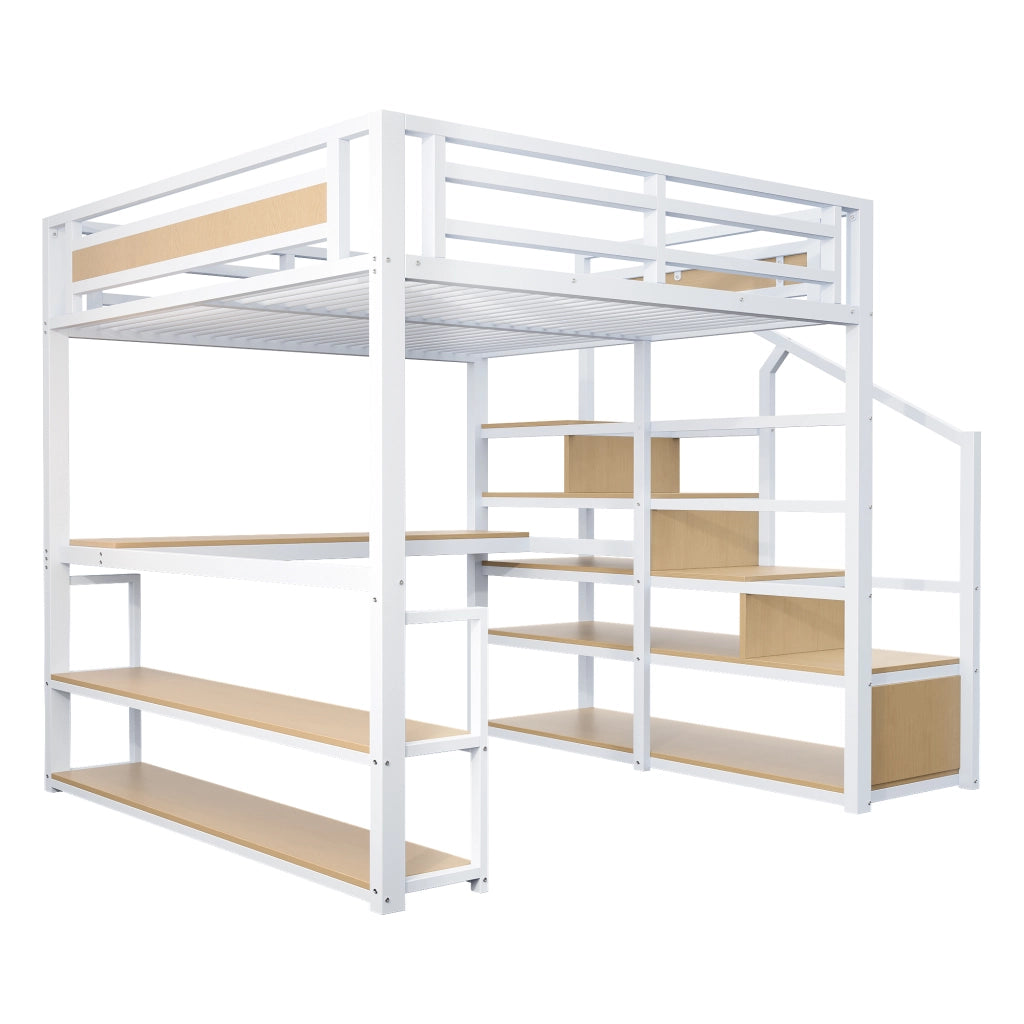Letto a Soppalco 2 Posti con Scala Contenitore e Scrivania 140×200 cm; senza Materasso; Bianco