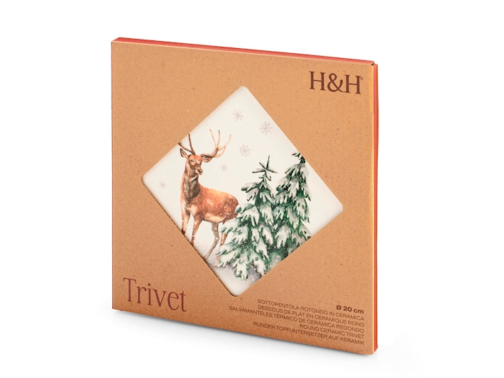 Sottopentola tonda in ceramica decorato Renna tra Alberi