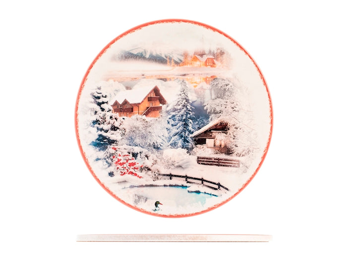 Sottopentola tonda in ceramica decorato Villaggio tra le Nevi