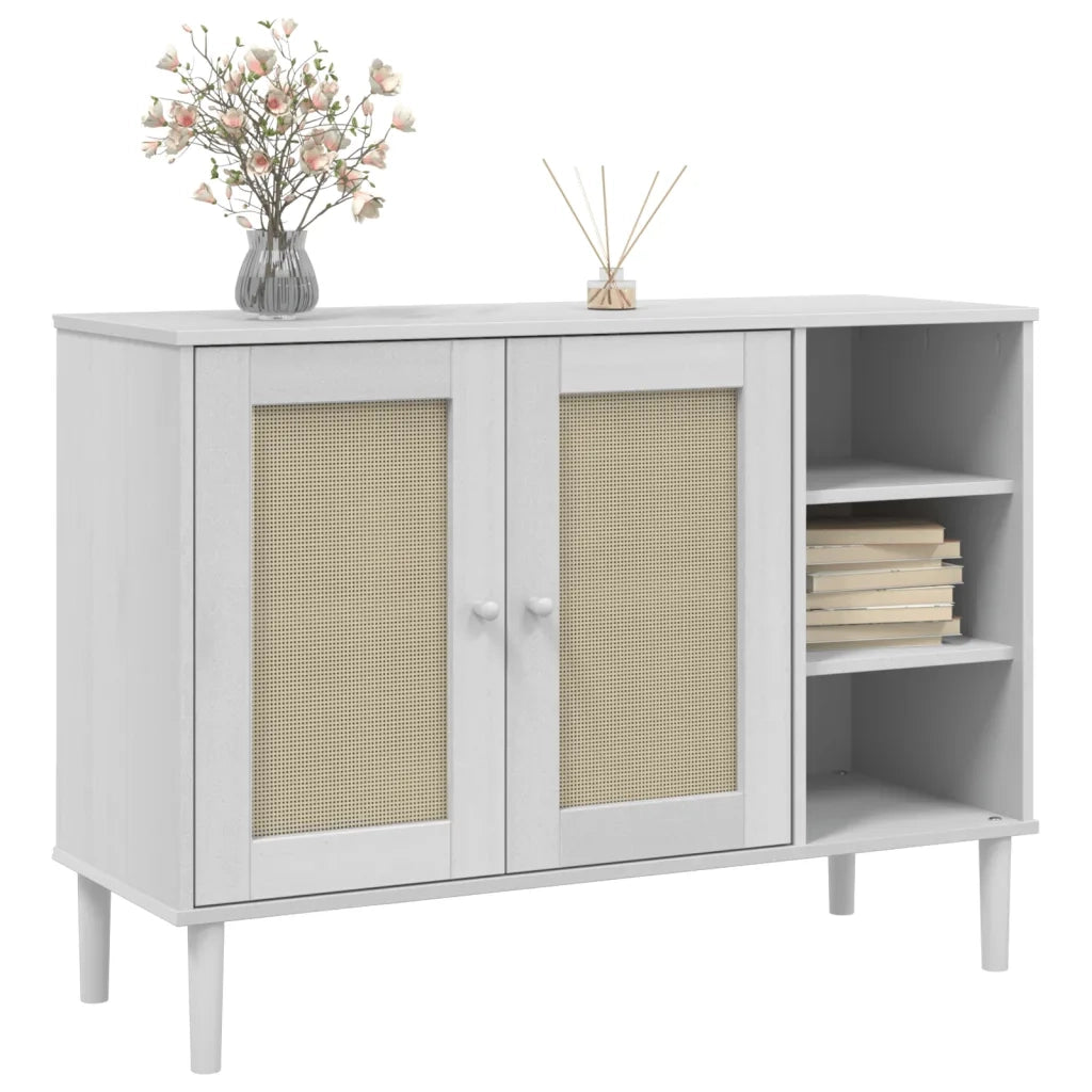 Credenza | Madia | Buffet da pranzo | Armadio da pranzo SENJA Aspetto Rattan Bianco 112x40x80 cm Massello Pino