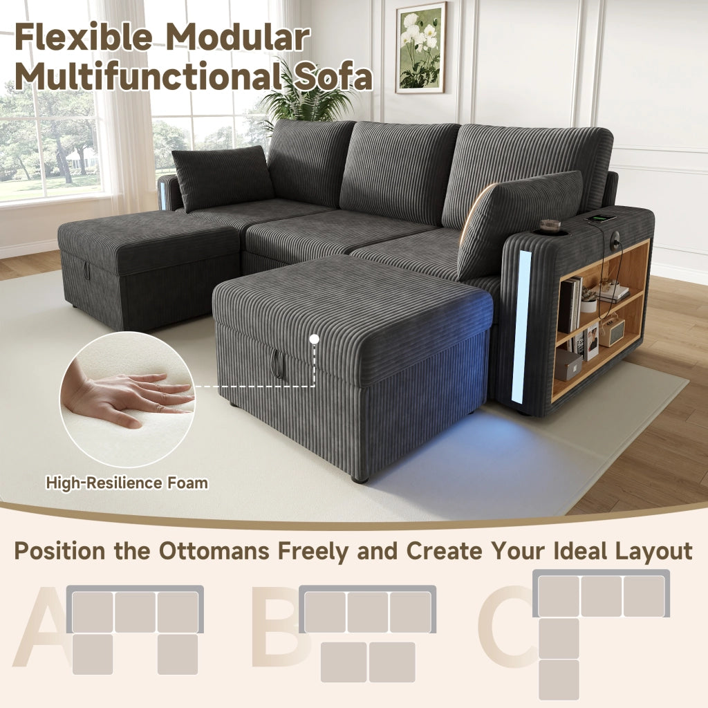 Canapé modulaire in velluto a coste con 2 pouf contenitore, LED, USB e tipo C, portabicchieri grigio 190 × 130 cm