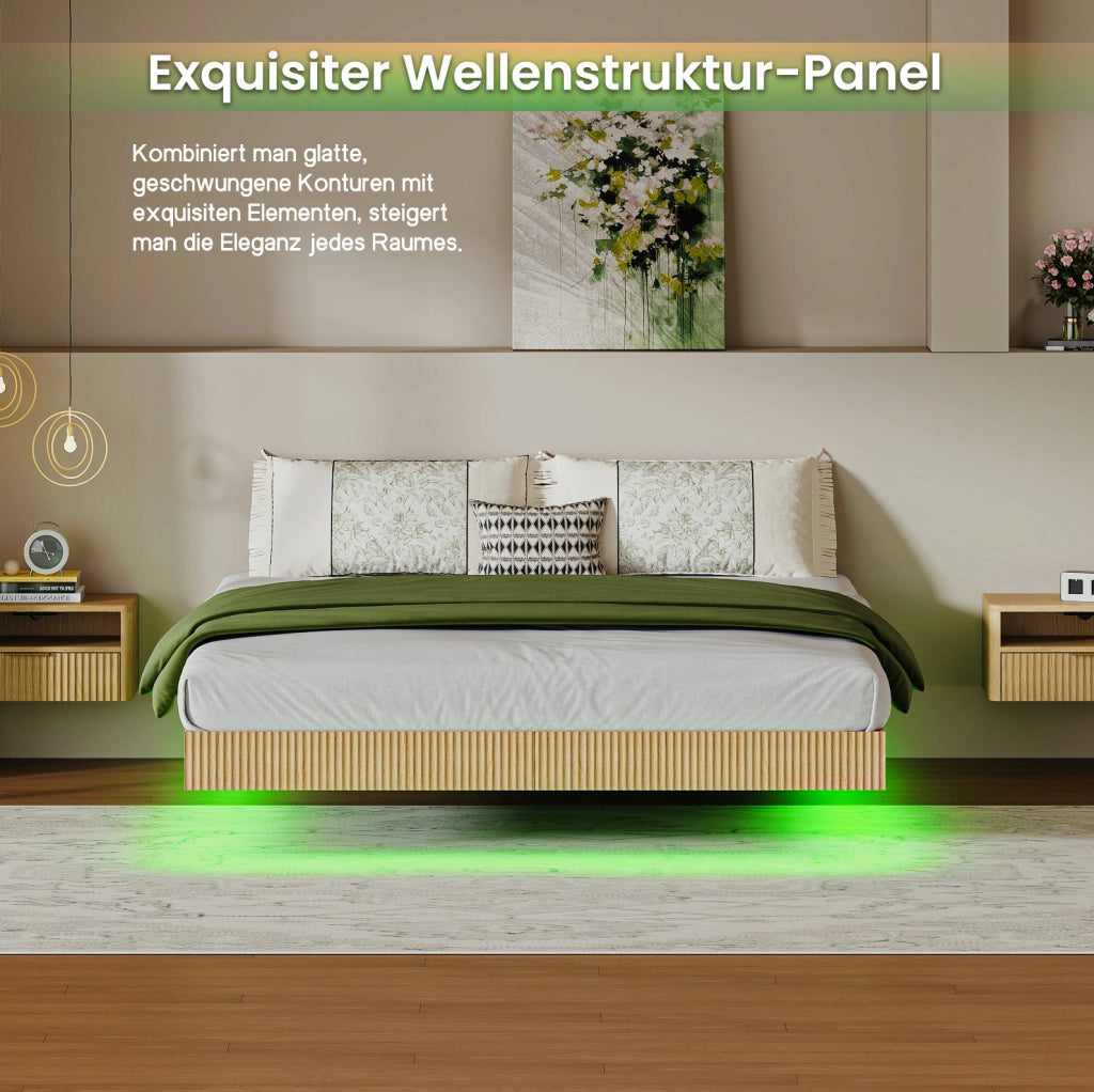 Letto matrimoniale sospeso 180x200 cm con LED RGB rovere chiaro