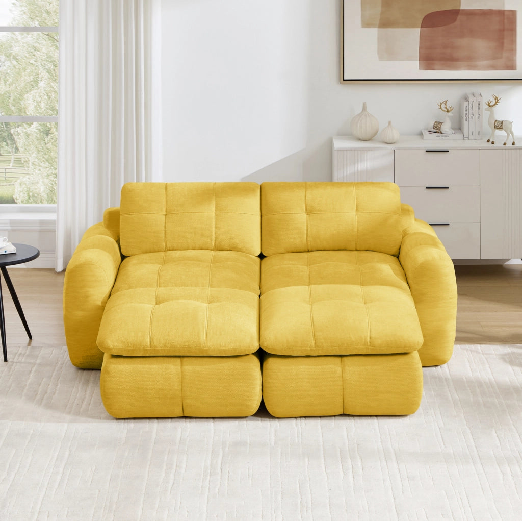 Divano modulare 2 posti in chenille giallo; seduta ampia e profonda; 194x160x68 cm