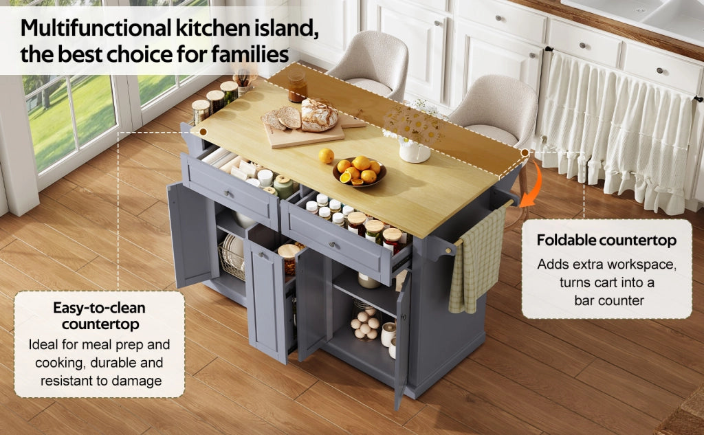 Isola cucina mobile con piano ribaltabile, 2 cassetti grandi, cassetti verticali, ruote frenanti, 121 x 49(69) x 89 cm
