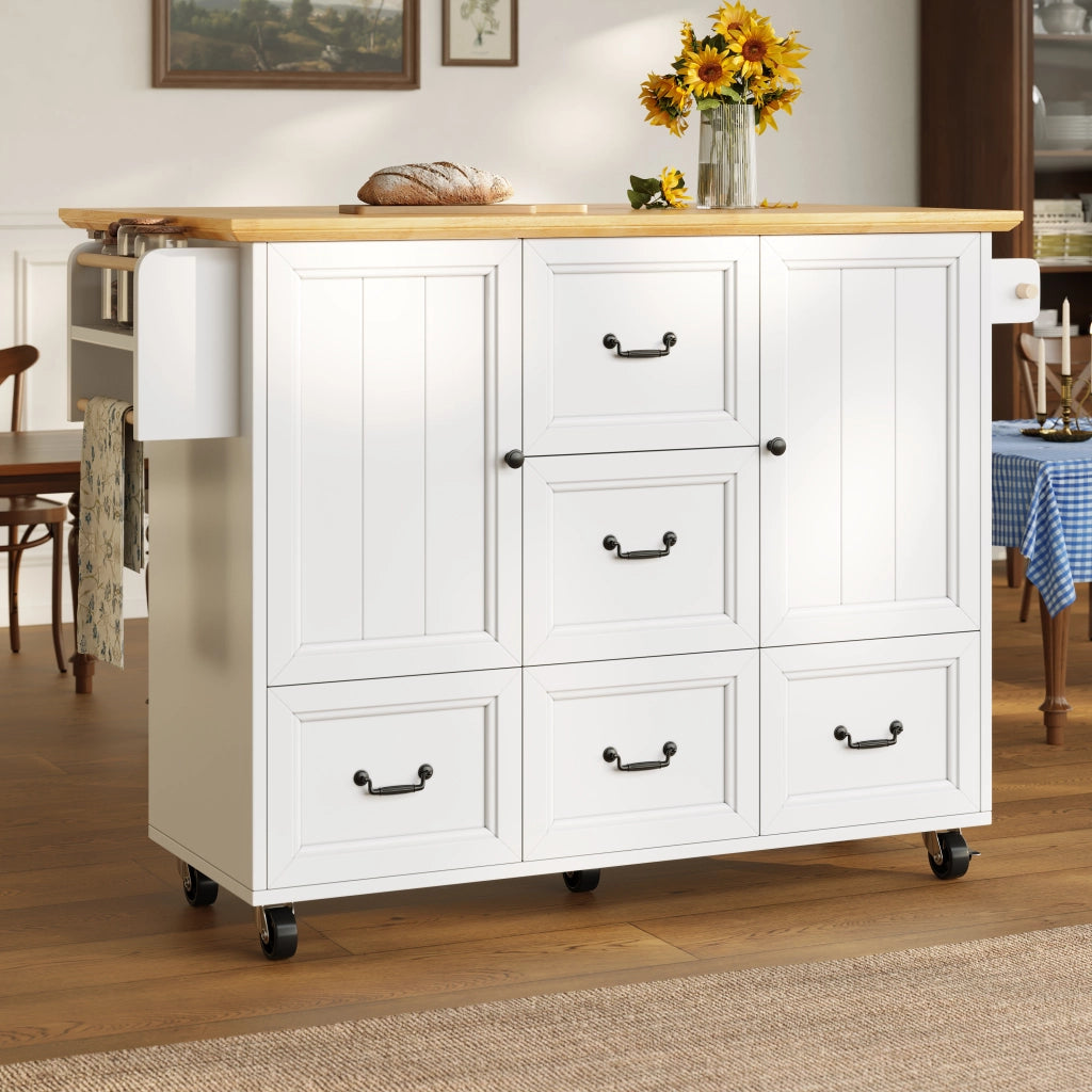 OKWISH Carrello da Cucina con Piano Pieghevole, 2 Ante e 5 Cassetti, Ruote, MDF e Metallo, Bianco