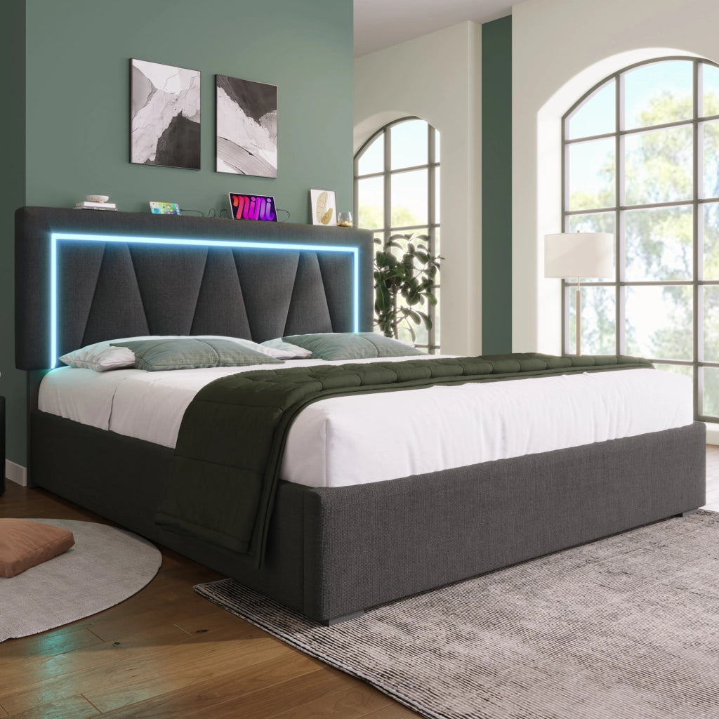 Letto imbottito con luci LED porta USB 160x200 cm lino grigio