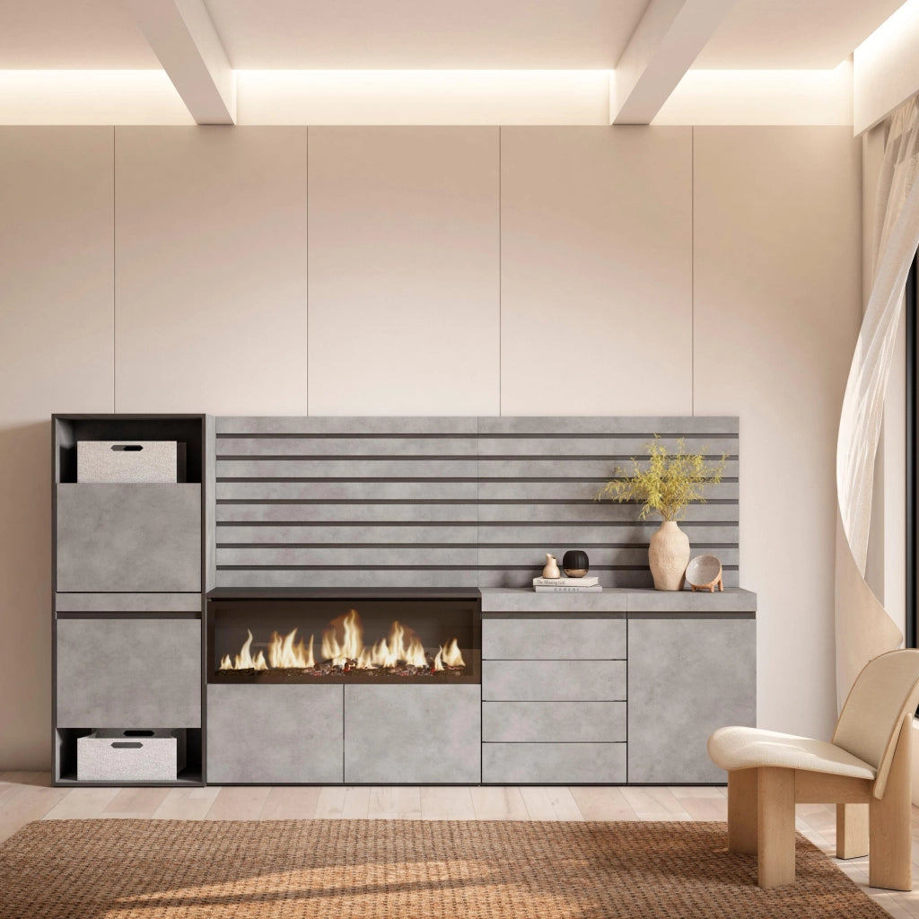 Scarpiera, 274x35x145cm, Camera da letto, Camino elettrico XXL, Cassettiera, Pannelli Decorativi, grigio cemento RF3561