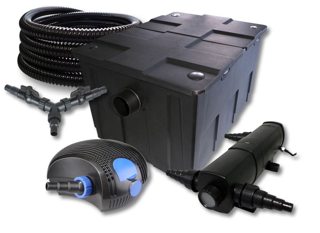 Set filtro per laghetto da 60.000 l Chiarificatore 18W Pompa ECO 100W Tubo 25m