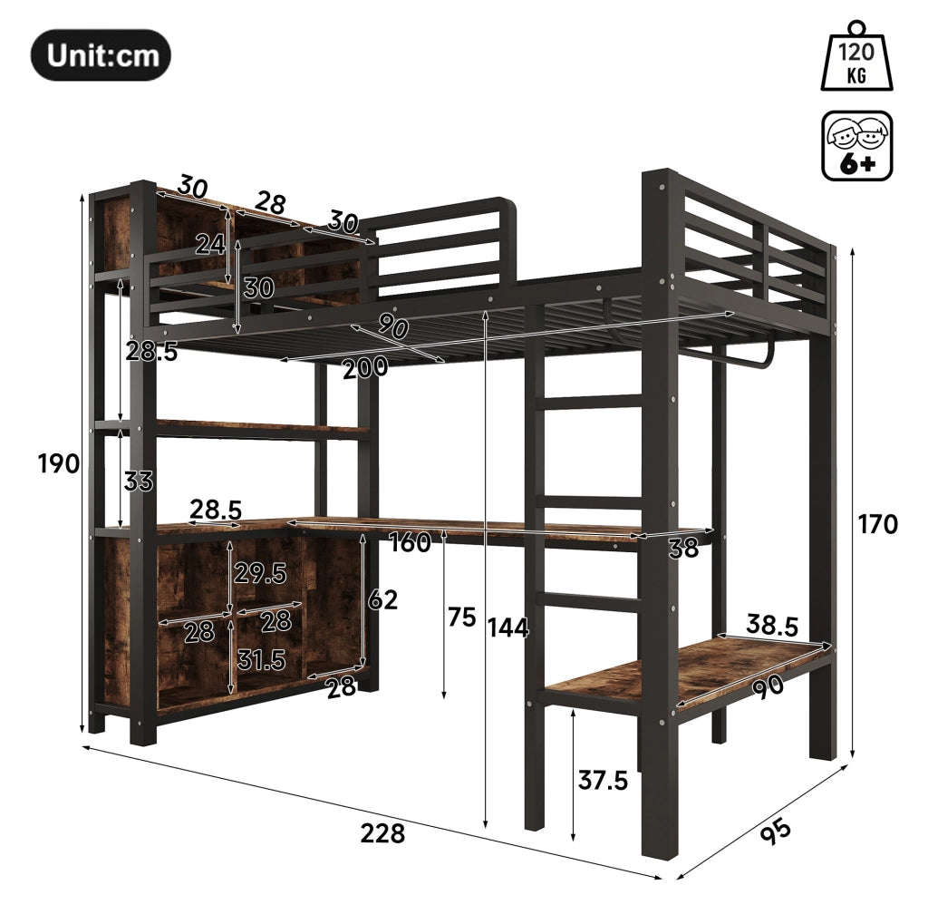 Letto a soppalco 90x200 cm in MDF e metallo nero con scrivania; appendiabiti e ripiani
