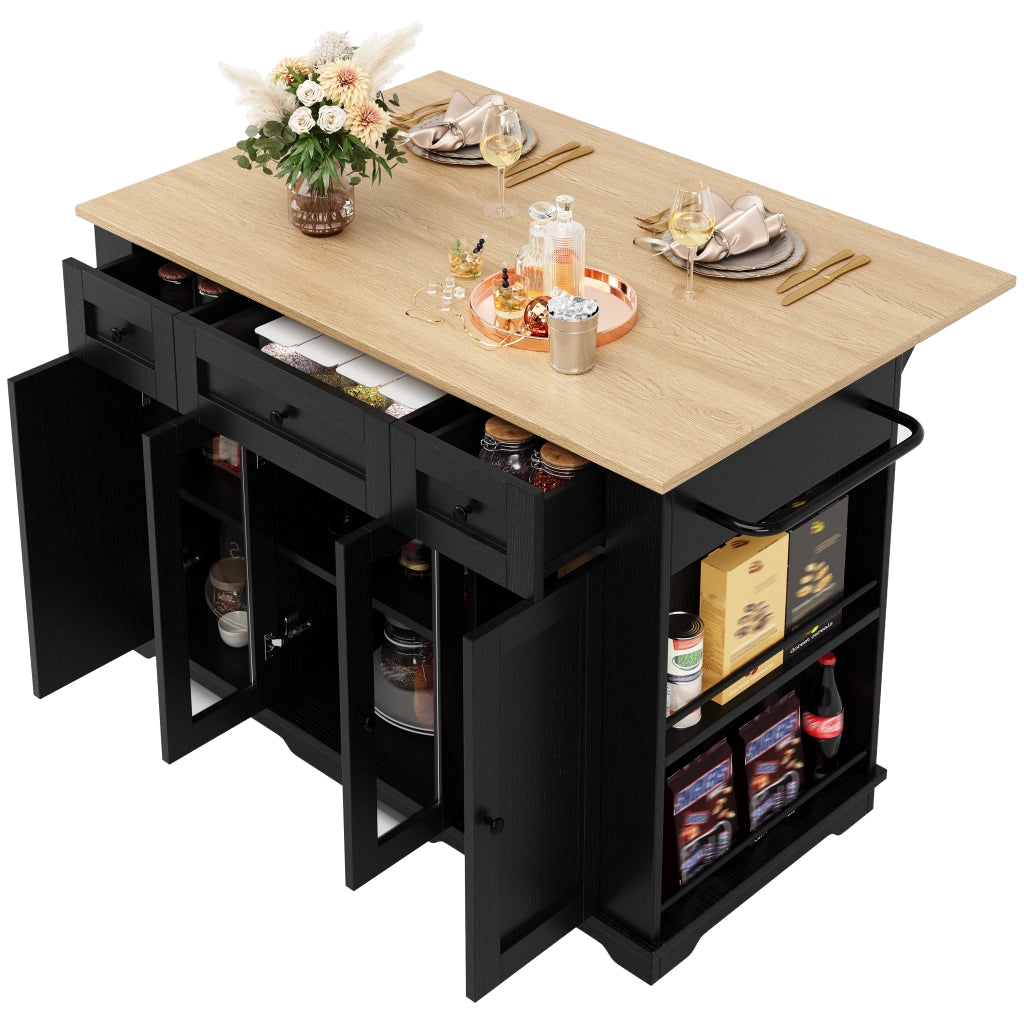 Carrello da Cucina con 1 Cassetto Piano Ribaltabile e Vani in MDF Vetro 151.5 x 60 x 91.7 cm Nero Naturale