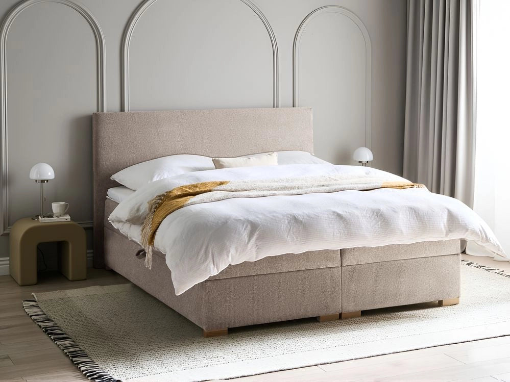 Letto matrimoniale con contenitore sollevabile in tessuto tortora 160 x 200 cm con testiera stile moderno