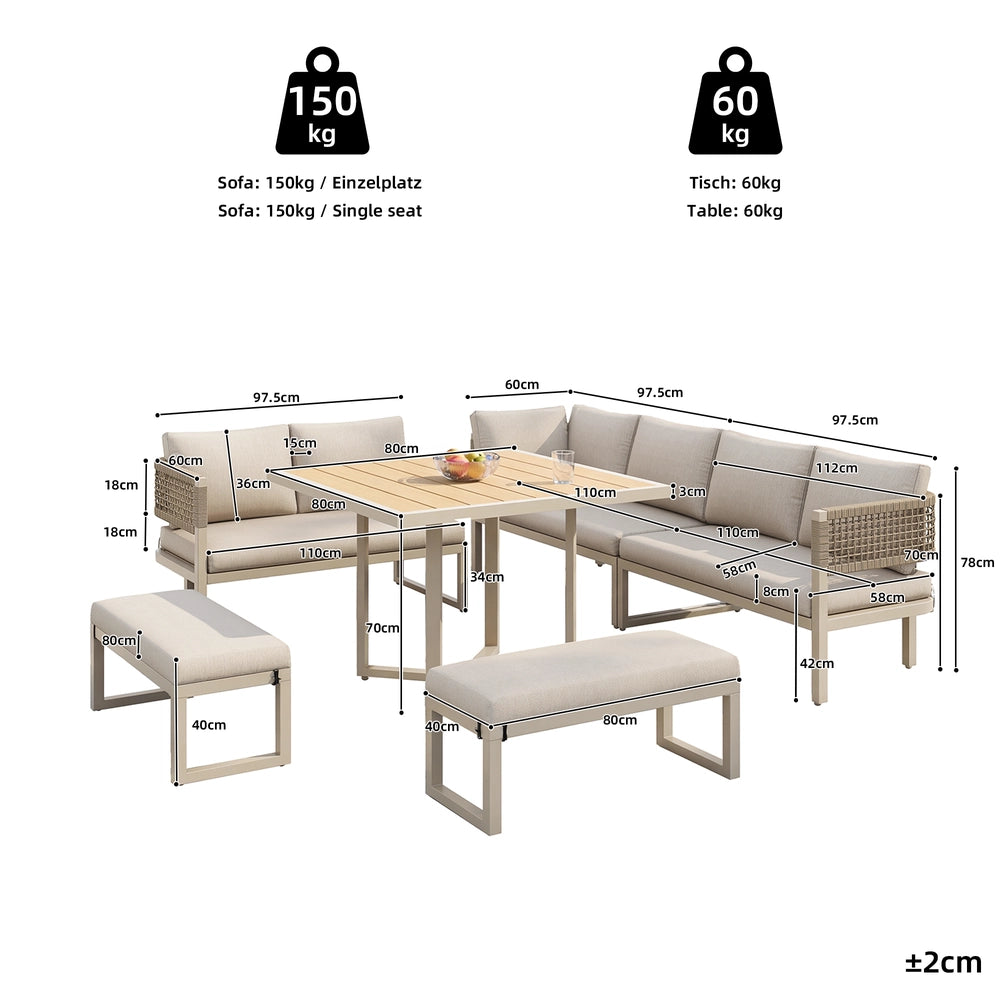 Set da giardino per 8-10 persone - Zephmum- Tavolo grande in legno plastico gambe regolabili