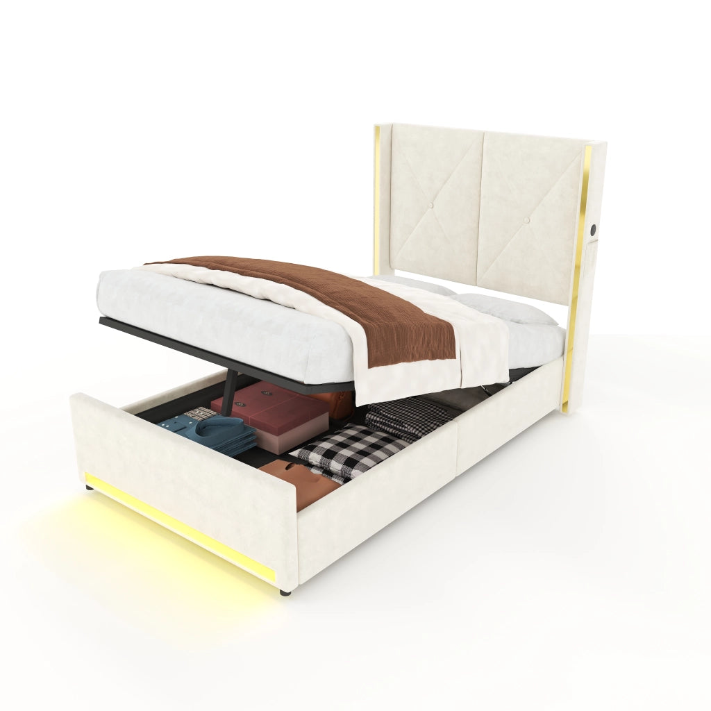 Letto imbottito in velluto beige 90x200 cm con testiera alta, tasche laterali, USB/Type-C, LED e contenitore