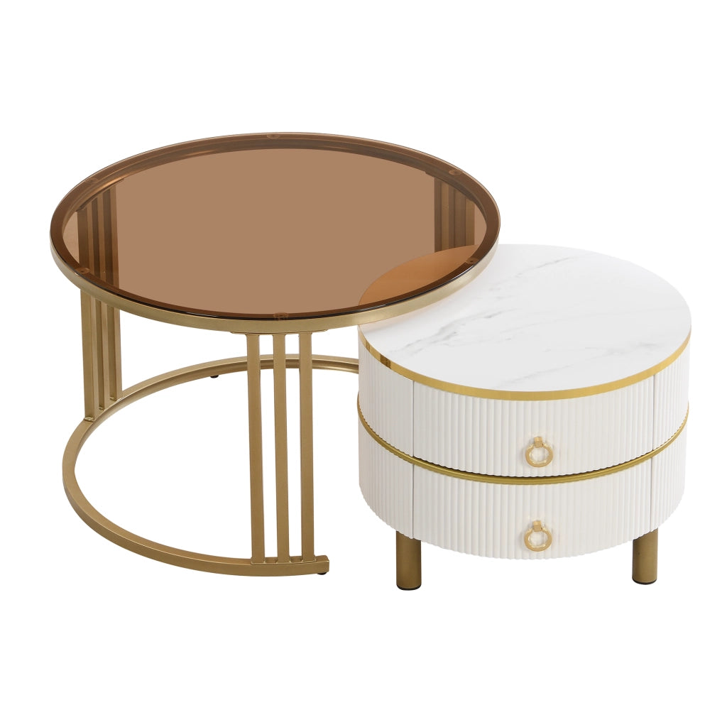 OKWISH Tavolini da Salotto Impilabili Rotondi con 2 Cassetti, Piano in Vetro Temperato e Piano Lucido, MDF, Bianco