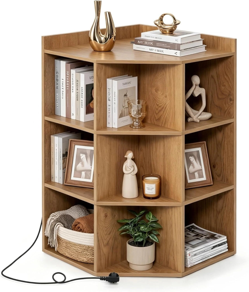Libreria Angolare Triangolare con 3 Ripiani e 9 Vani Aperti, Presa di Ricarica Integrata, 51 x 71,5 x 86 cm, per Soggiorno e Studio (Bianco)