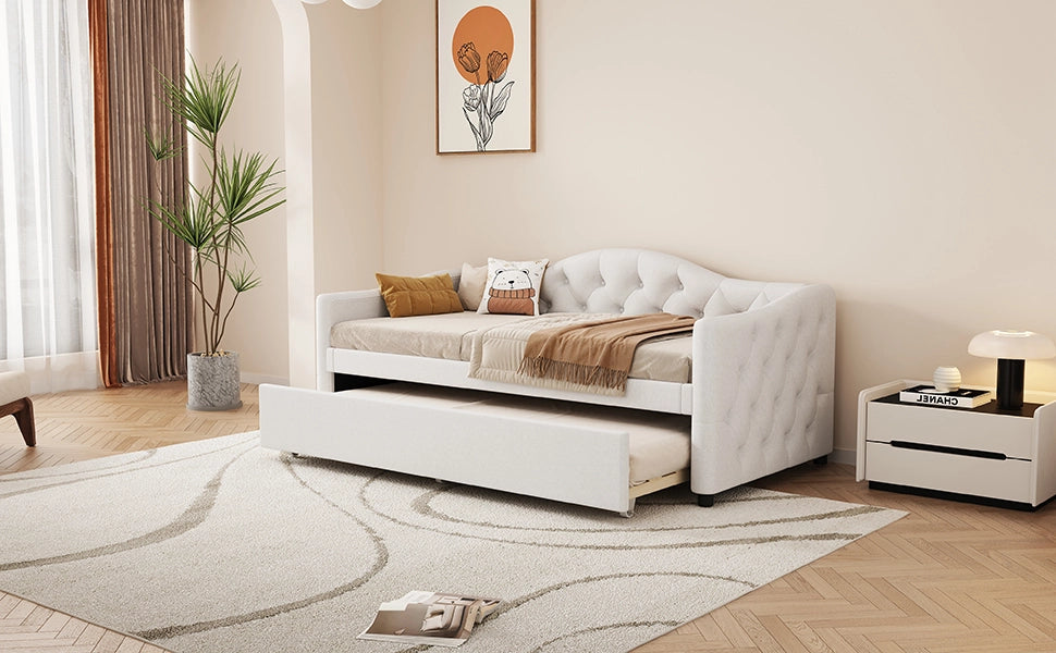 Letto estraibile singolo 90 × 200 cm con letto supplementare, senza materasso, in lino e MDF beige