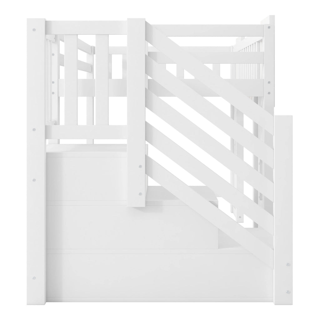 Letto a soppalco 90x200 cm con scala contenitore e finestre in MDF; pino e compensato bianco