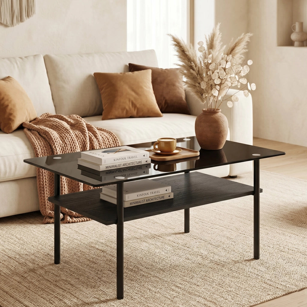 Tavolino basso con piano in vetro nero e ripiano in MDF, struttura in metallo, per soggiorno, 98 × 58 × 45 cm