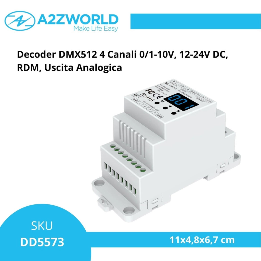 Decoder DMX512 4 Canali 0/1-10V, 12-24V DC, RDM, Uscita Analogica