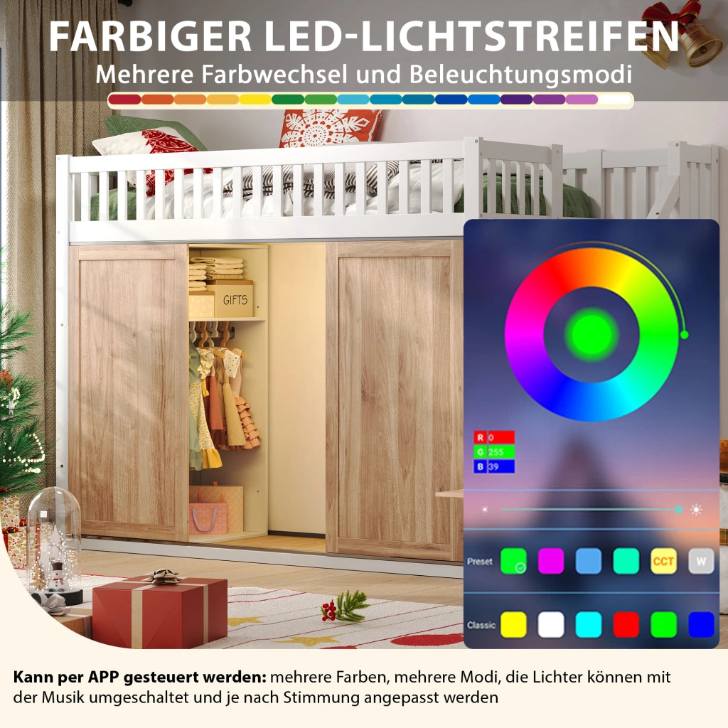 Letto a Soppalco 90x200 cm - Armadio; Scala; LED App - Bianco e Quercia in Legno