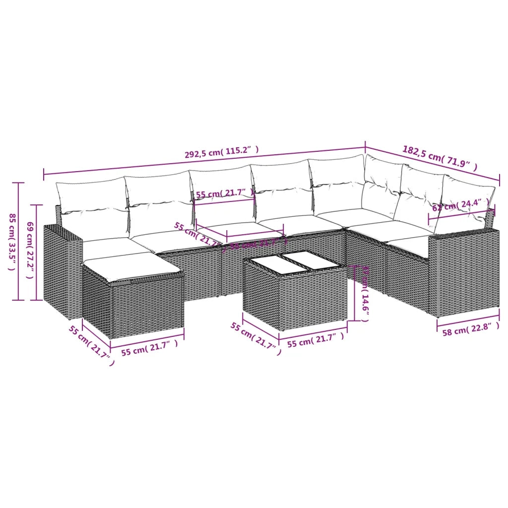 Set Divano da Giardino 9 pz con Cuscini Beige in Polyrattan 3219358