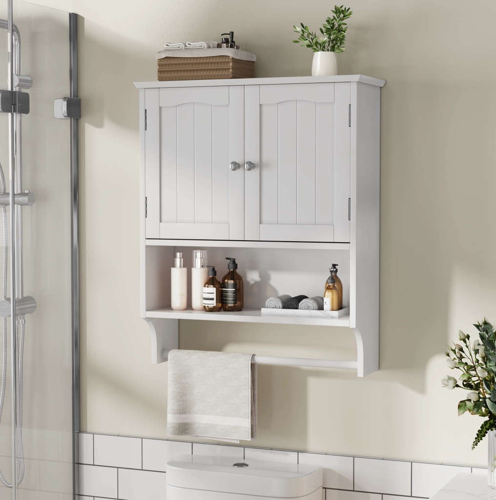 Armadio pensile da bagno bianco in MDF con ripiani regolabili