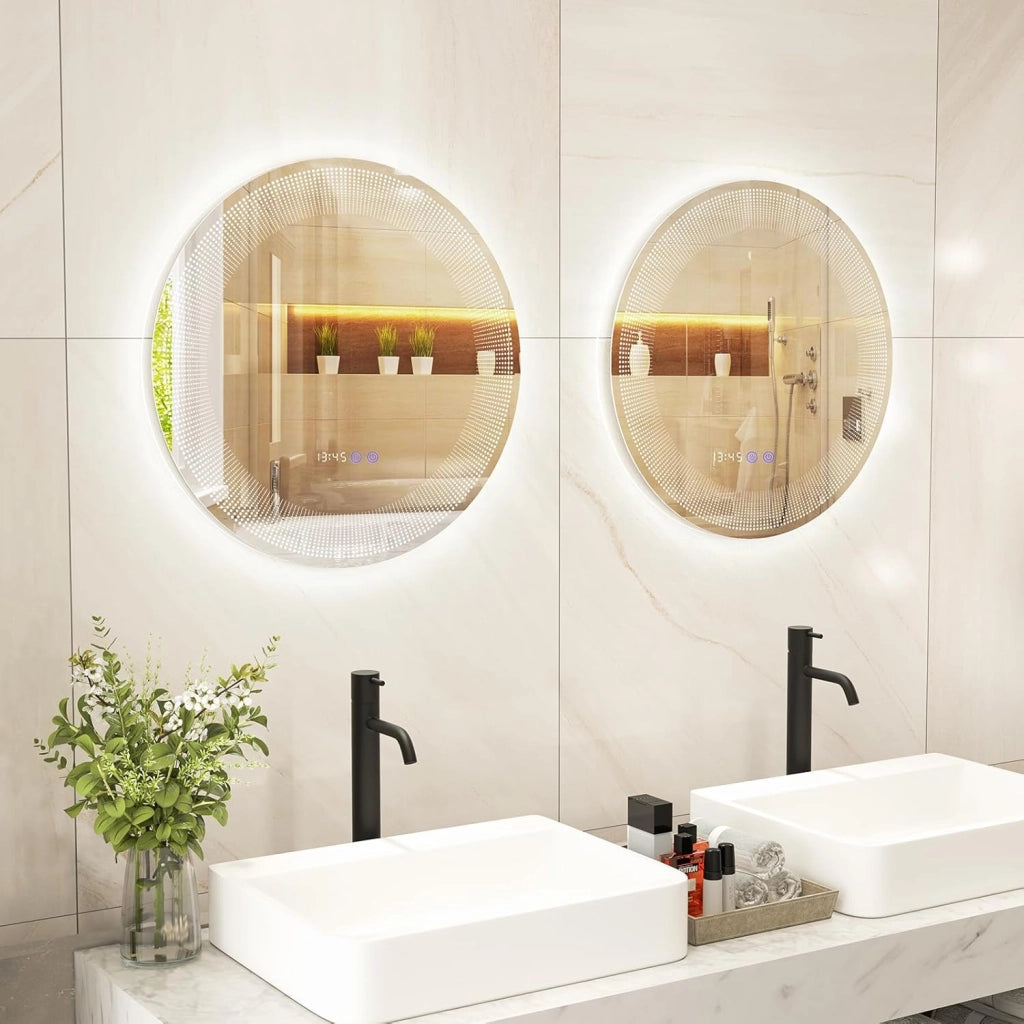 Specchio da Bagno a LED 60x60vm, Specchio Rotondo a Parete con Luci a 3 Colori, Lettura di Tempo e Temperatura, Funziona Anti-Appannamento e Impermeabile IP44, Specchio Cosmetico