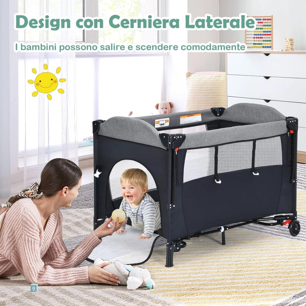 5 in 1 Lettino da Campeggio per Bambini, Lettino con Materasso per Neonato, Culla da Viaggio con Fasciatoio, Altezza Regolabile, Ruote con Freno, per Bambini 0-36 Mesi (Nero)