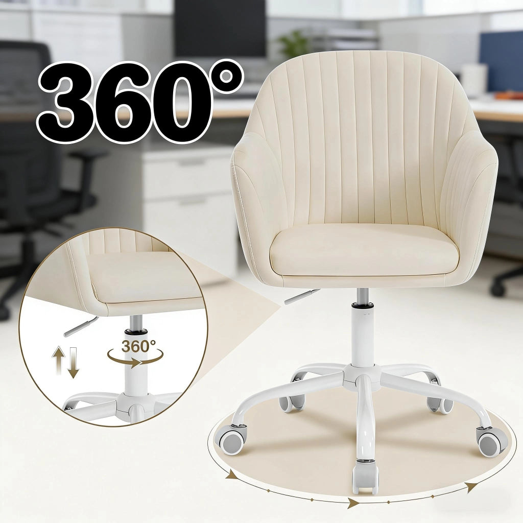 Sedia da ufficio ergonomica girevole con altezza regolabile, velluto crema bianco