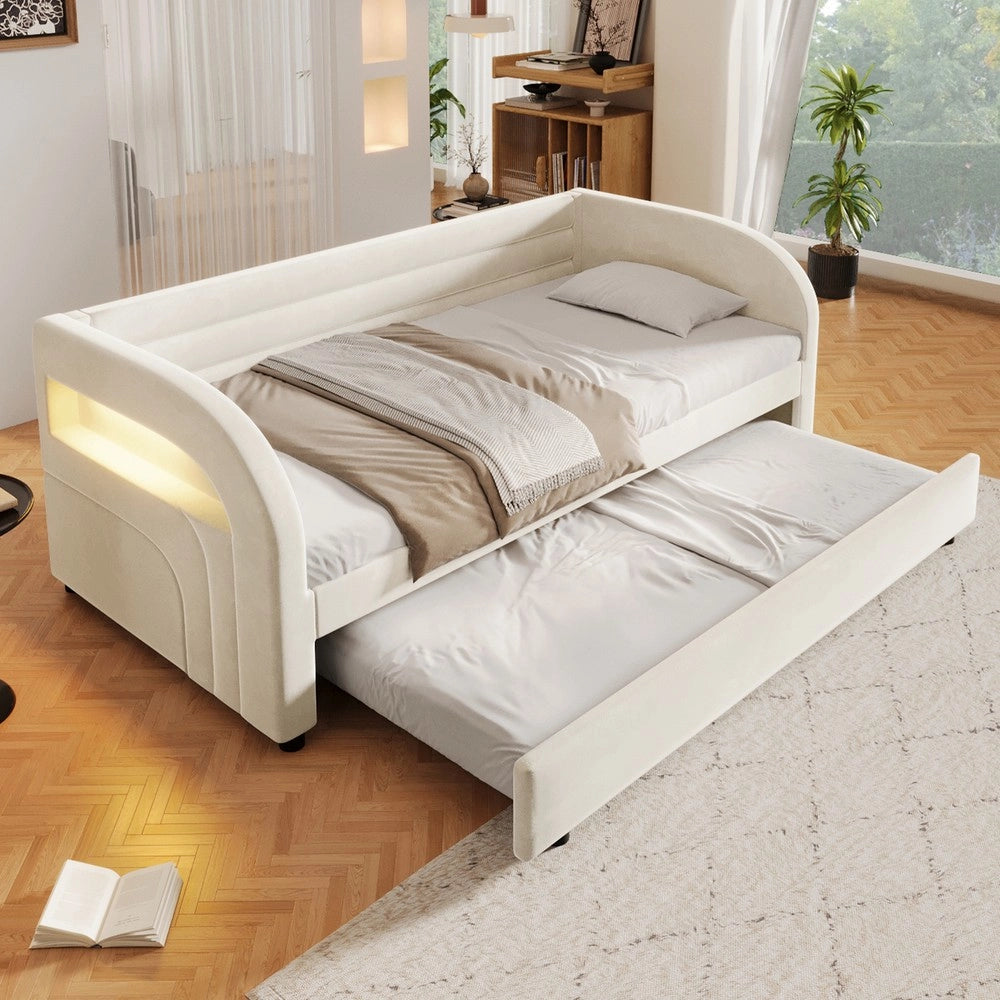 Letto imbottito con letto estraibile e LED ¨C Minimal ¨C Bianco 90x200 cm