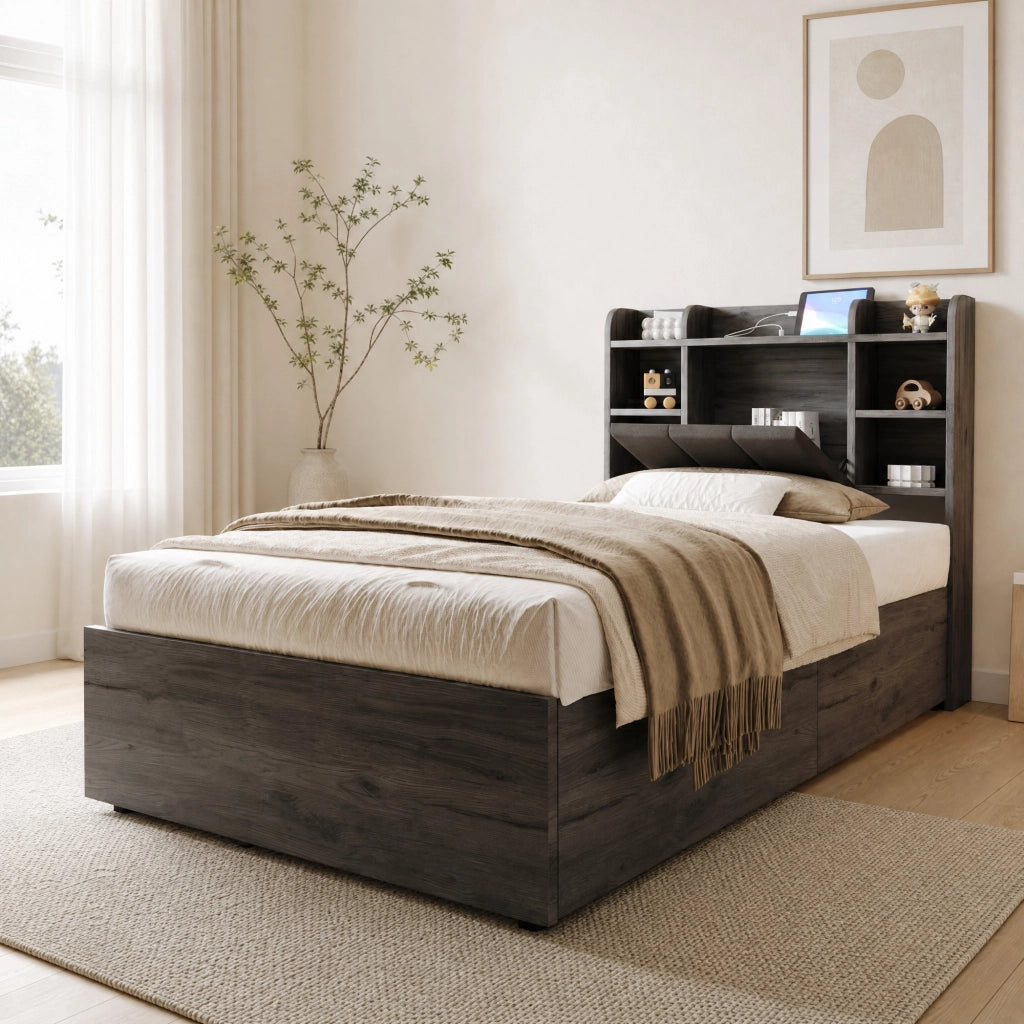 Letto singolo con contenitore idraulico 90x200 cm in MDF grigio; testiera con prese USB e Type-C