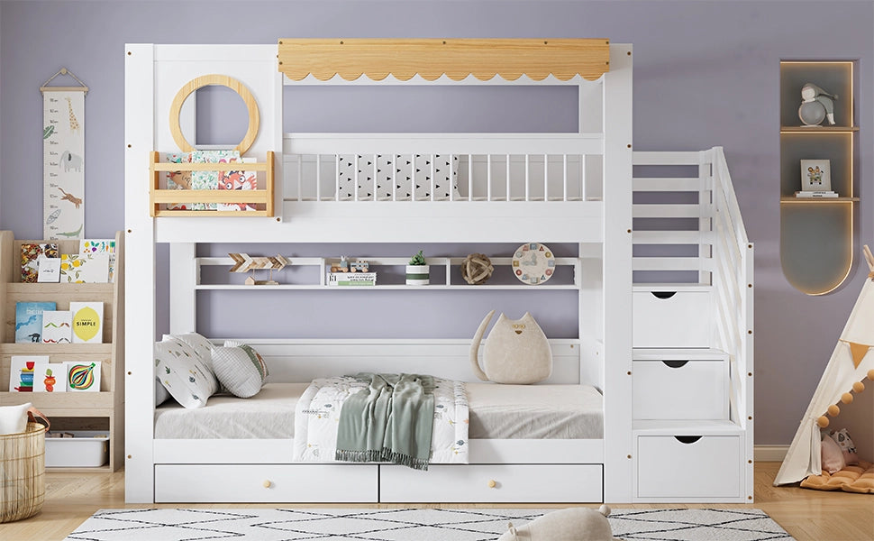 Letto a castello funzione contenitiva in legno massello e MDF bianco naturale 90x200 cm
