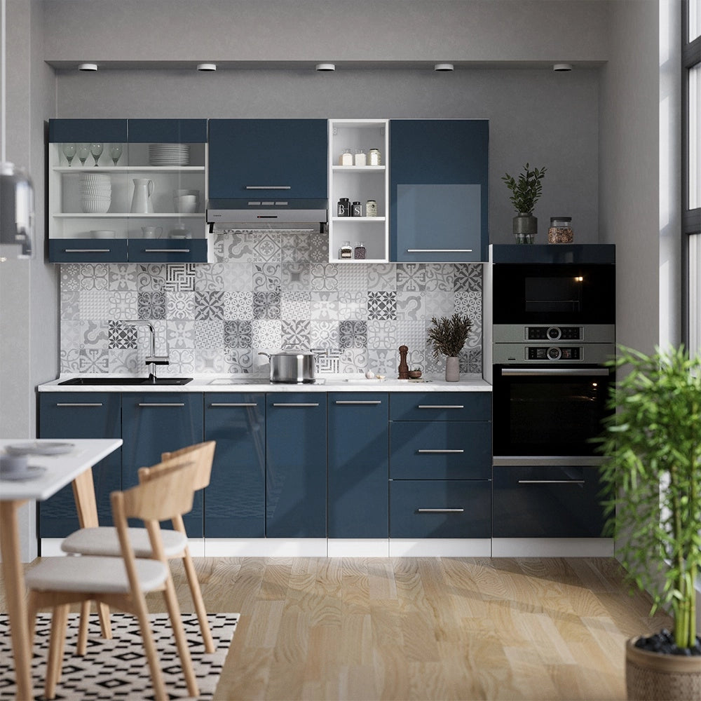 Cucina componibile Fame-Line Blu scuro lucido/Bianco 280 cm, PL Rovere Vicco