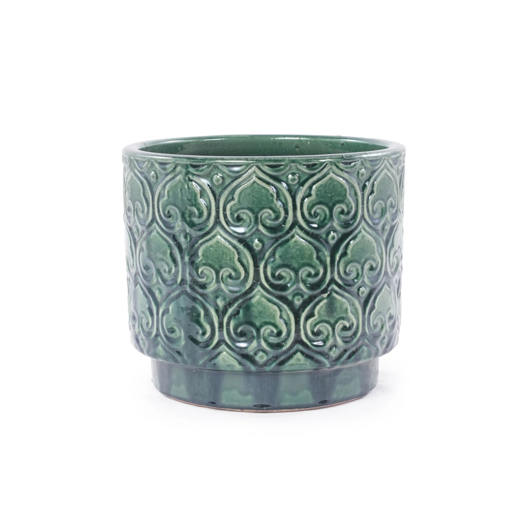 Vaso in ceramica Ø31,5 cm, verde lucido con rilievo a cuore, con foro di drenaggio