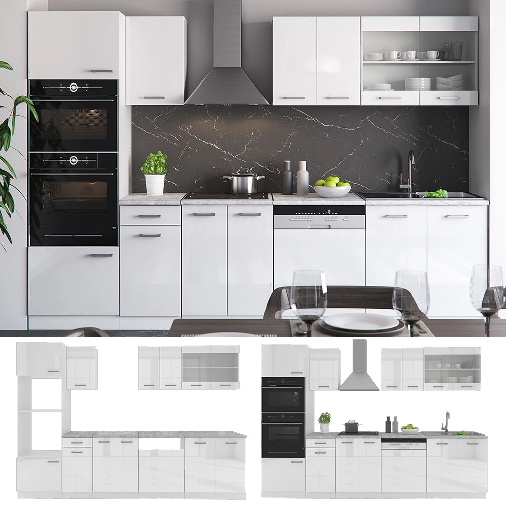 Vicco Cucina componibile Bianco 300 cm con armadio alto, PL Marmo