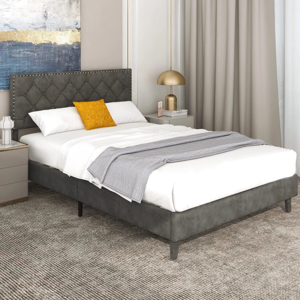 Letto a piattaforma imbottito con testiera bottoni doghe in legno, Struttura letto moderno Grigio 207,5x160x105,5/114cm-Letti e strutture