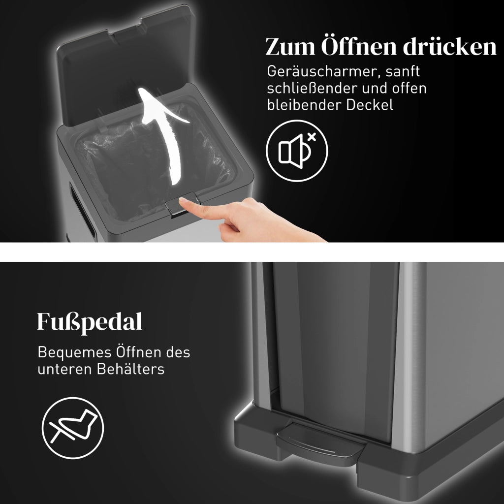 Cestino per Rifiuti 20+14L con Pedale e Cestello Interno ¨C zephmum ¨C Acciaio Inox 32.5x31.5x78 cm Argento