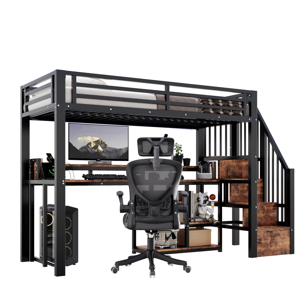 Letto a soppalco singolo 90×200 cm con LED; USB e Type-C; ripiani; senza materasso; metallo; nero