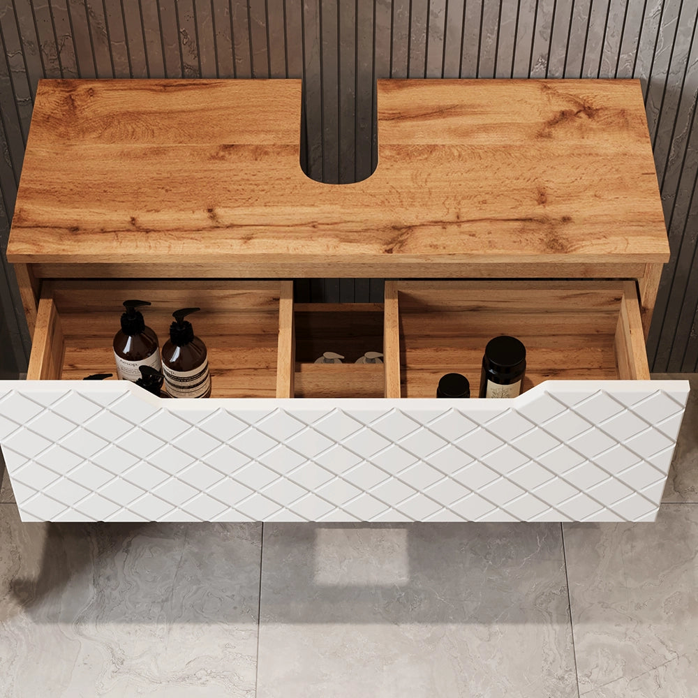 Vicco Set di mobili da bagno Rovere/bianco con struttura in piastrelle 2 parti