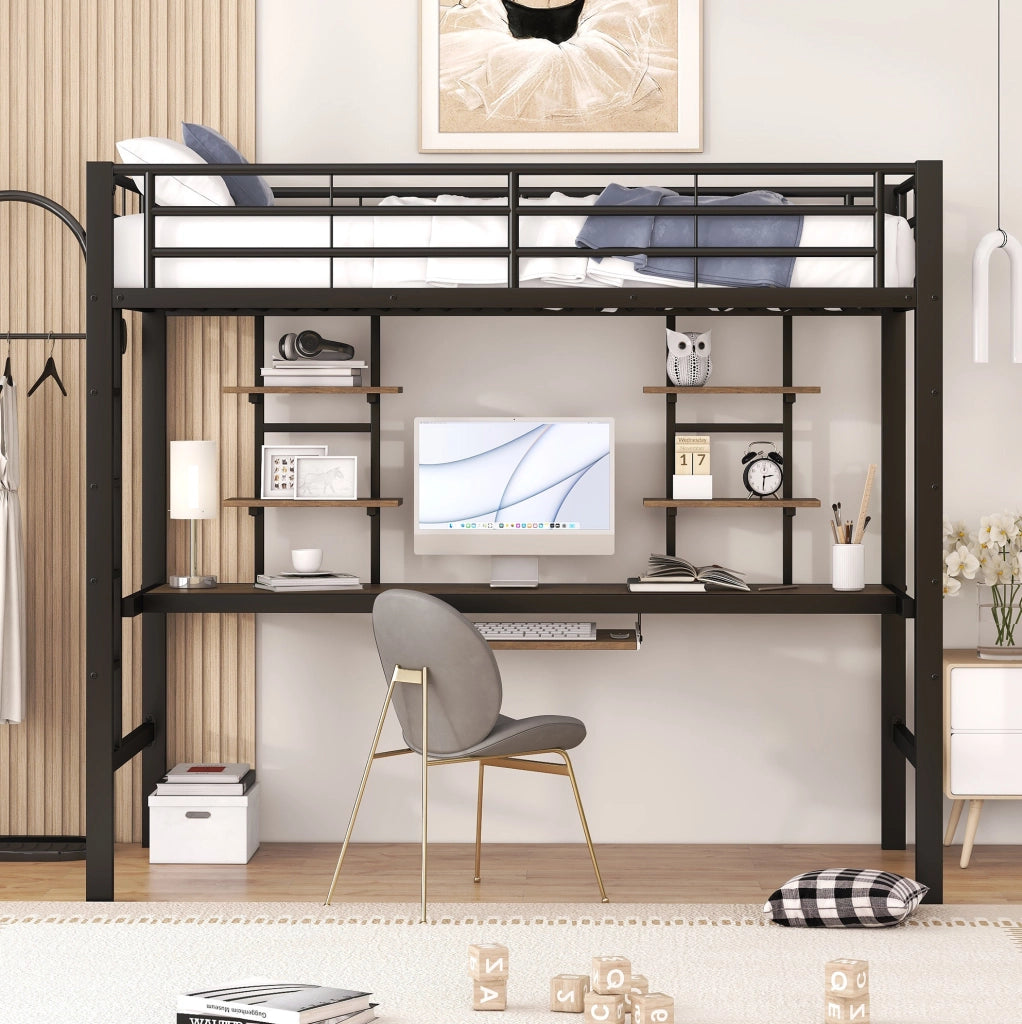 Letto a soppalco 90x200 cm in metallo nero con scrivania e 2 ripiani