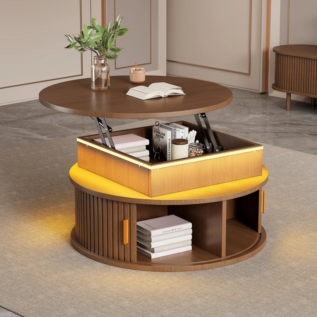 TAVOLO CENTRO rotondo 75 cm regolabile in altezza con LED, MDF color noce