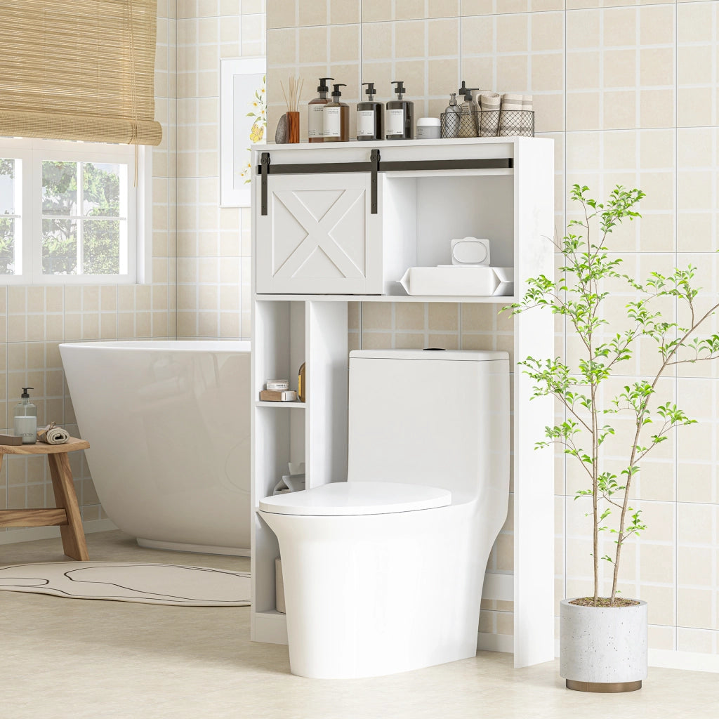 Mobiletto sospeso per WC con porta scorrevole e ripiani regolabili ¨C Zephmum ¨C Bianco 60x30x30