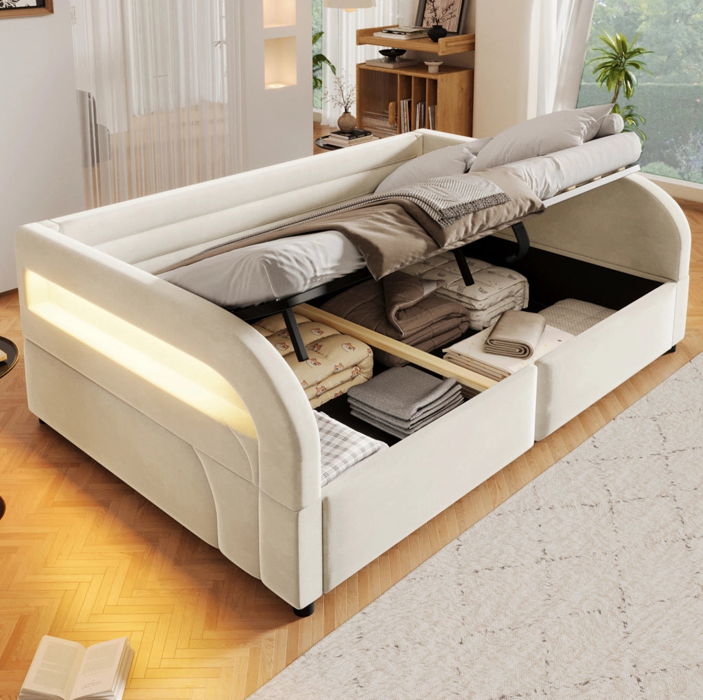 Letto imbottito 140x200 cm beige con contenitore idraulico e LED