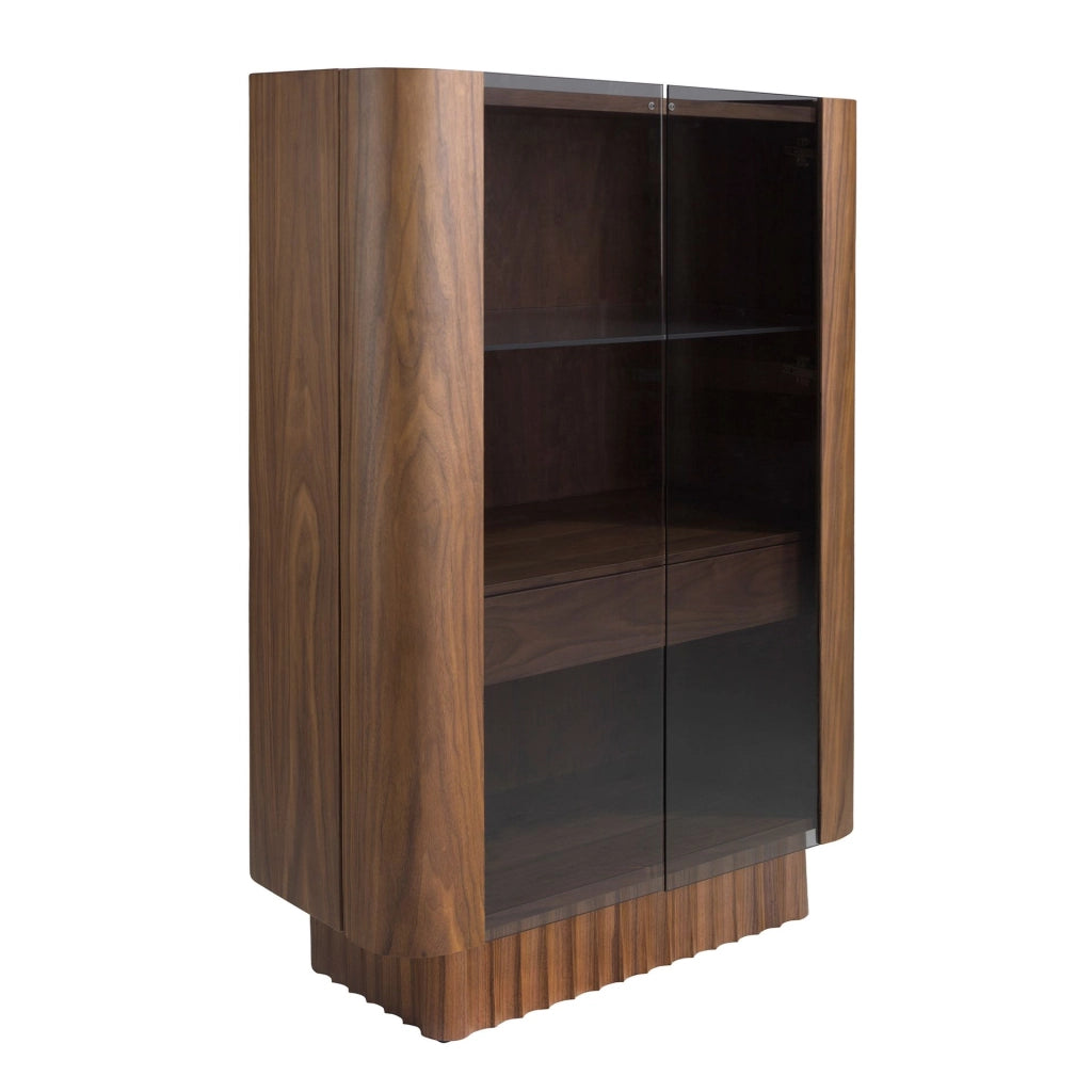Credenza alta in vetro temperato, noce con illuminazione interna