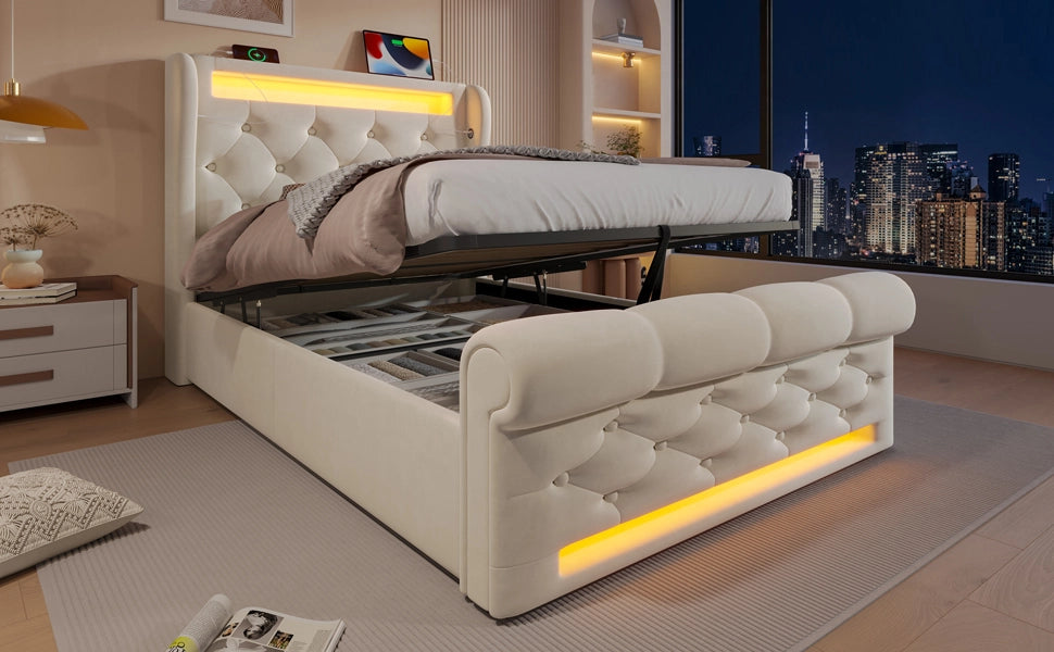 Letto imbottito 90x200 cm con LED, ricarica USB e Type-C, contenitore idraulico, velluto beige, con materasso