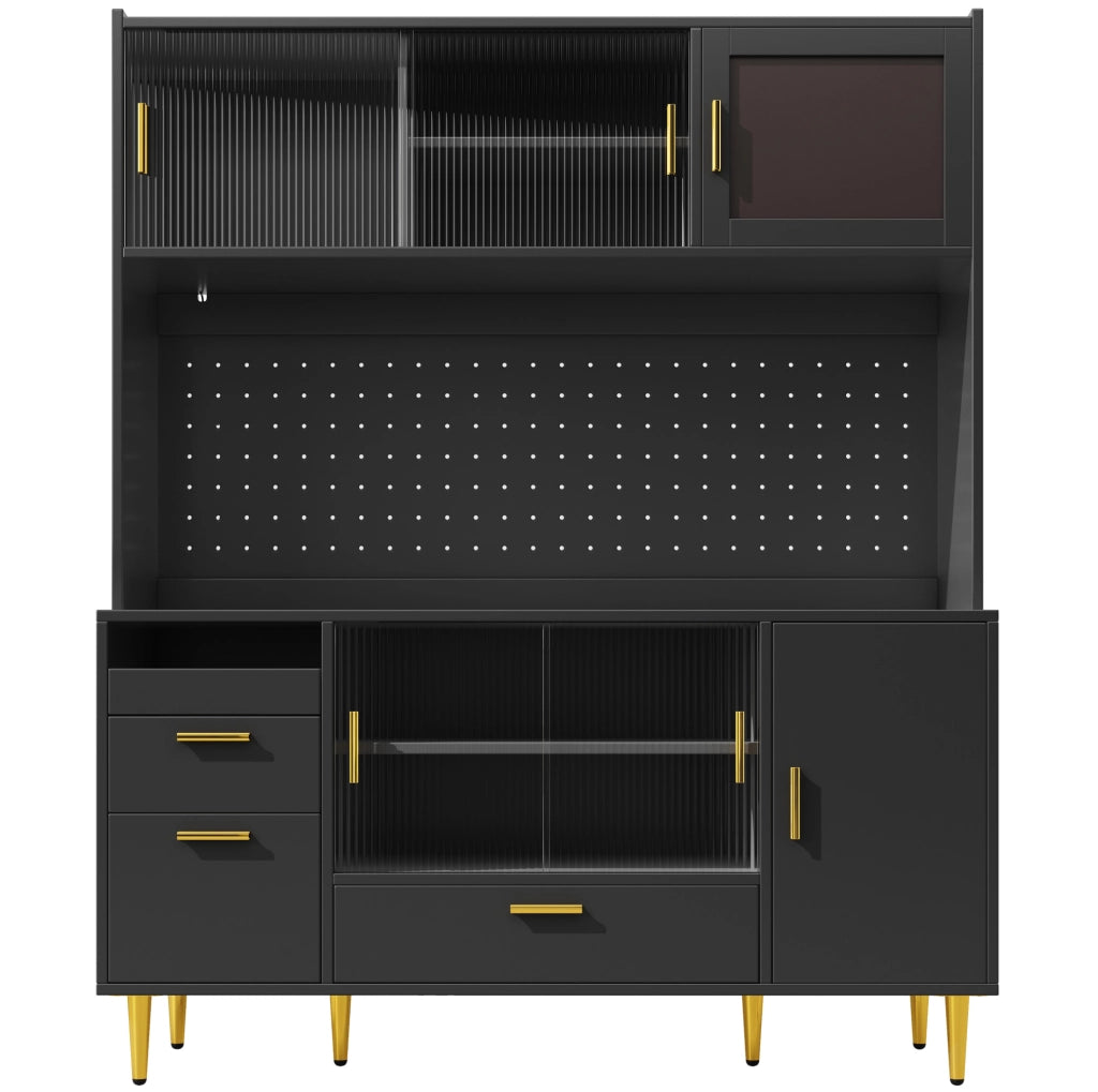 Credenza ULEVR 140x40x180 cm con vetrine, cassetti, ripiani regolabili e LED multicolore, nera
